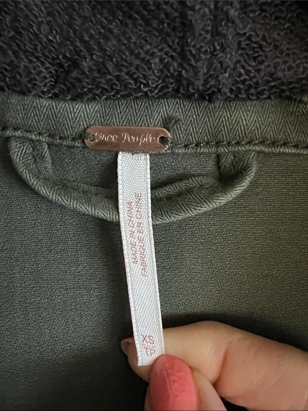 Free People Olive Green Moto Jacket with Black Hoodie and Sleeves